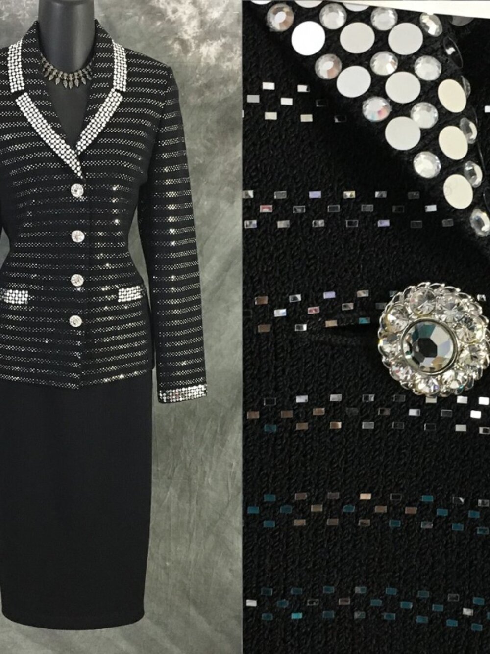 BEAUTIFUL st john evening knit Black rhinestone embellished skirt suit size 6
